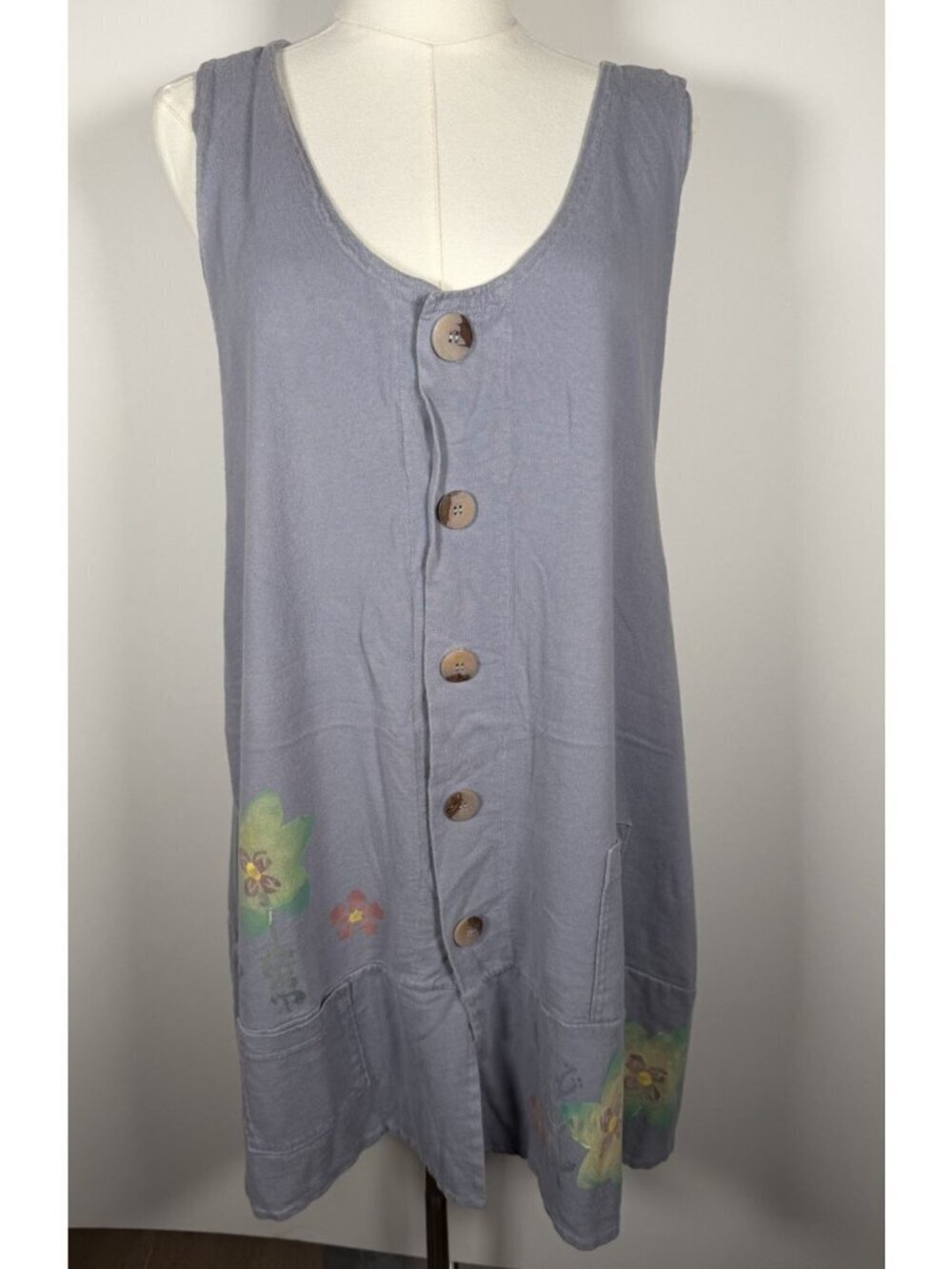 Vintage Y2K 2000 Blue Fish gray blue handpainted lagenlook flowers tunic vest 2